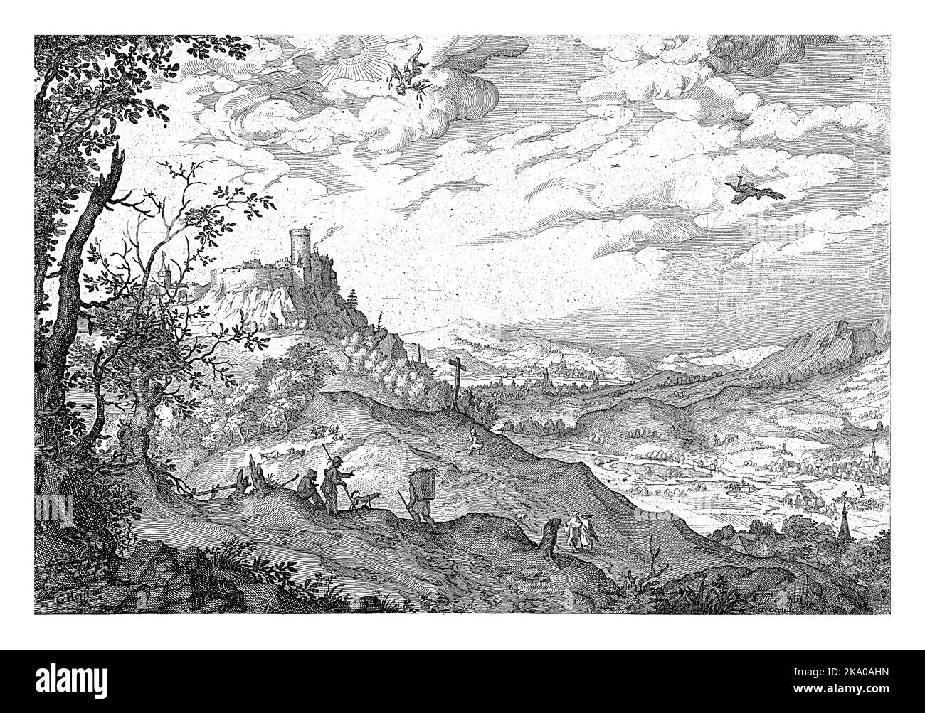 Landscape with the Fall of Icarus, Claes Jansz. Visscher (II), after Gerard van der Horst, 1610 In a wide hilly landscape, the shepherds and walkers d Stock Photo