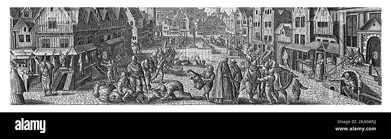 View of a market in a city. A butcher on the left. Slaughtered animals and game are traded on the market. The print has a Latin caption and is part of Stock Photo