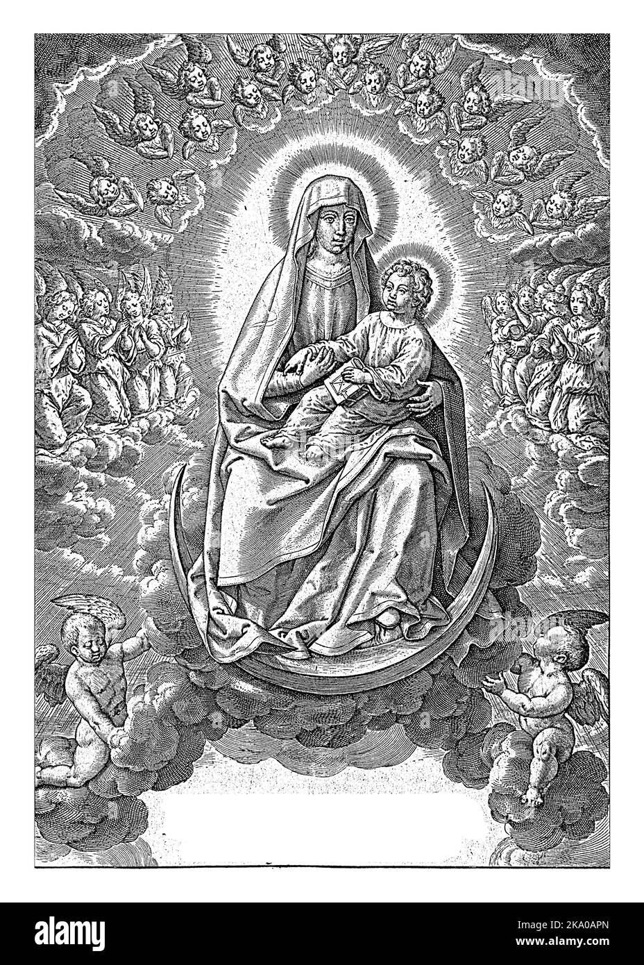 Mary sits with the Christ Child on her lap on the crescent moon. The Child is holding a book in his hands. They are surrounded by several angels and c Stock Photo