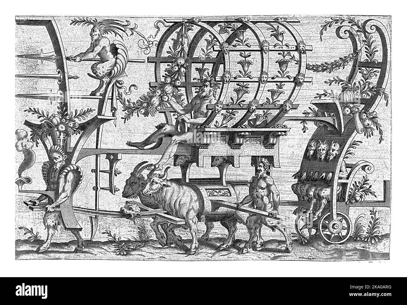 On the back are three satyrs, with head and hands caught in the rump. A male figure sits under trellis on the carriage. Stock Photo