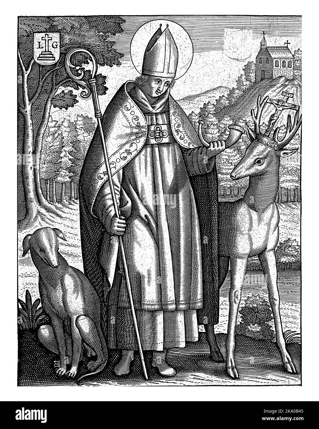 Saint Hubert. He wears a robe and a staff. In his