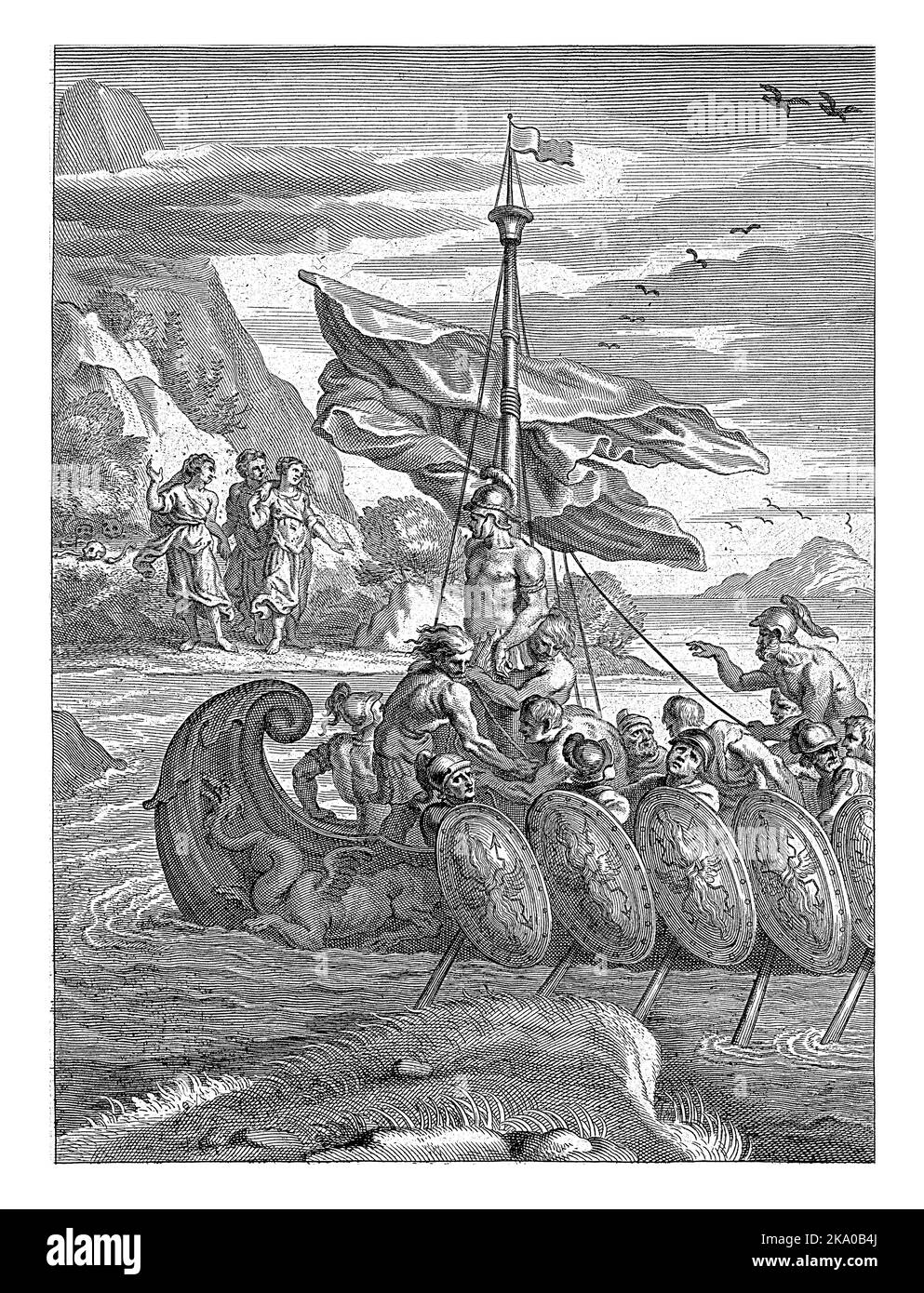 Odysseus is tied to the ship's mast by his men to resist the sirens' song. The rest of the men row. There are three sirens on the shore. Behind them l Stock Photo