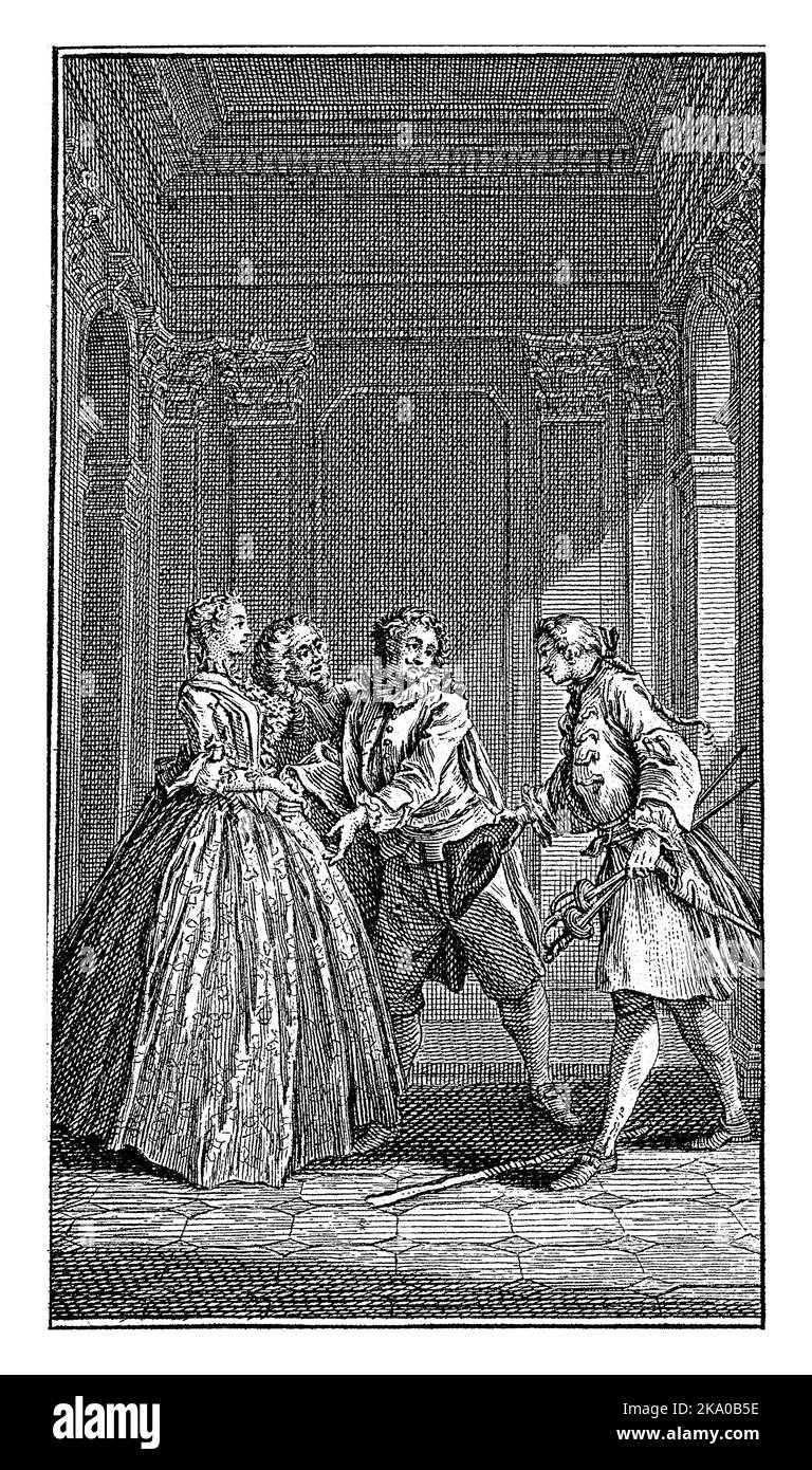 A father introduces his young daughter to a man. Scene from the play Le Mariage force (Married Against Will and Grace), by Moliere Stock Photo
