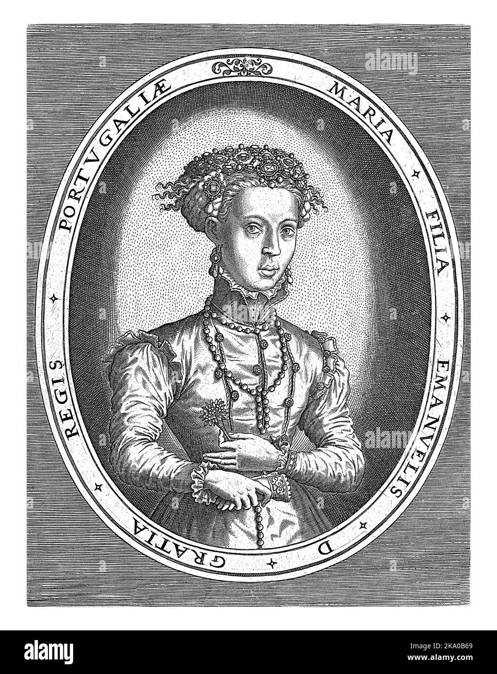 Portrait of Princess Maria of Portugal, wife of Philip II of Spain. Bust to the right, in oval