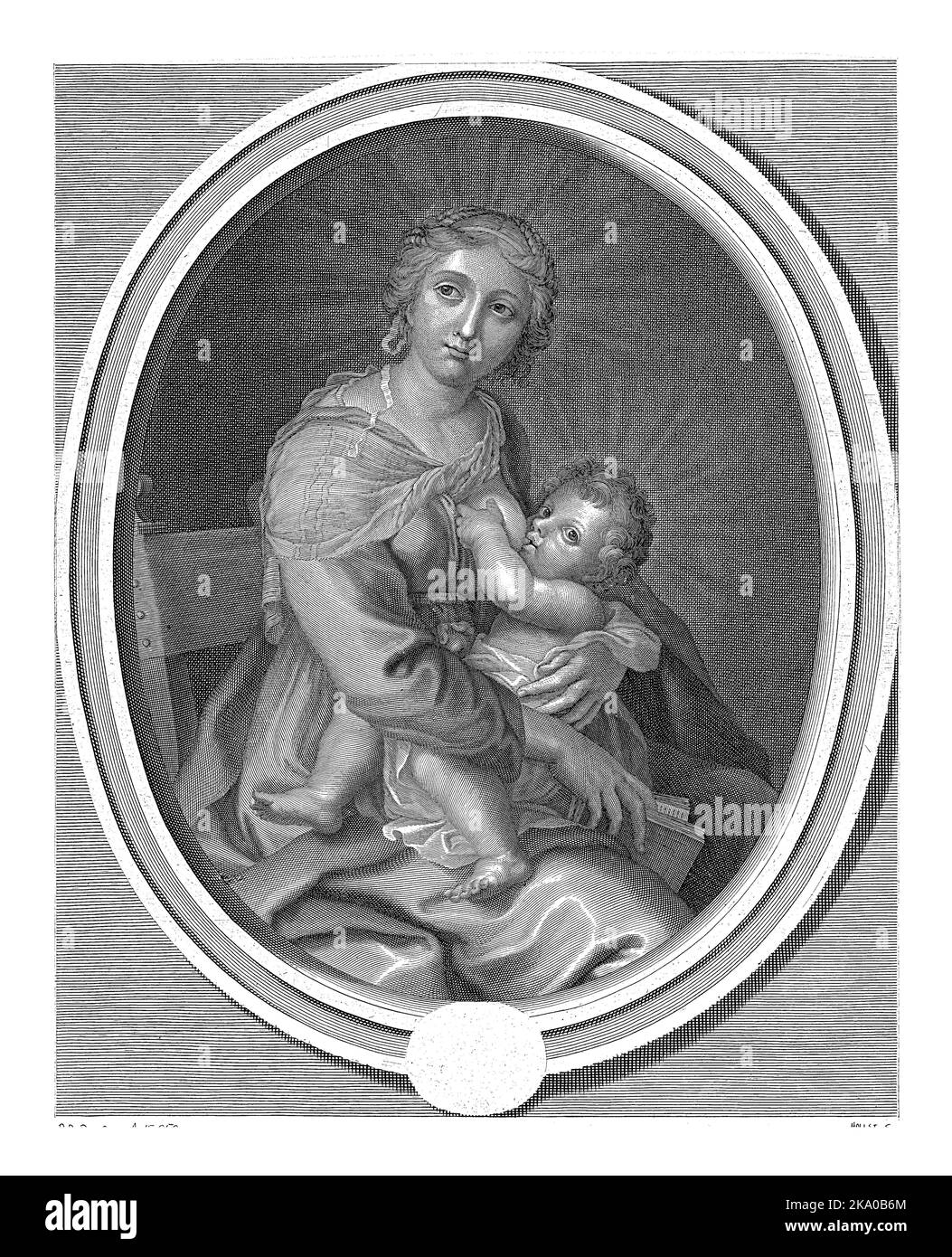 Mary sits on a chair and breastfeeds the Christ child. She holds a closed book in her hand. An oval left white at the bottom. Stock Photo