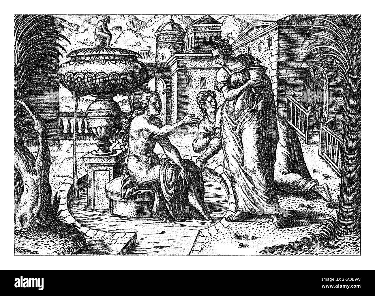 Bathing Susanna, Abraham de Bruyn, 1570 Susanna sits on the edge of a fountain and wants to take