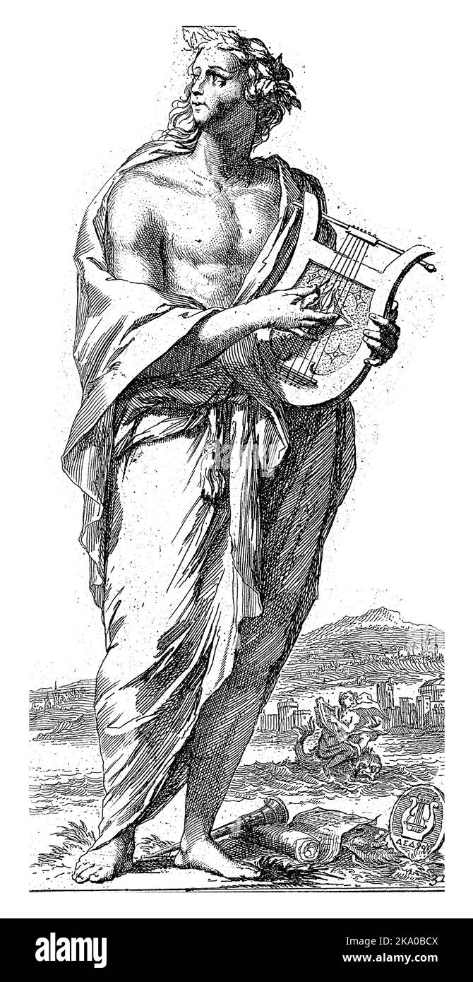 The personification of music, playing a lyre. On the floor is a flute and a piece of sheet music. Stock Photo