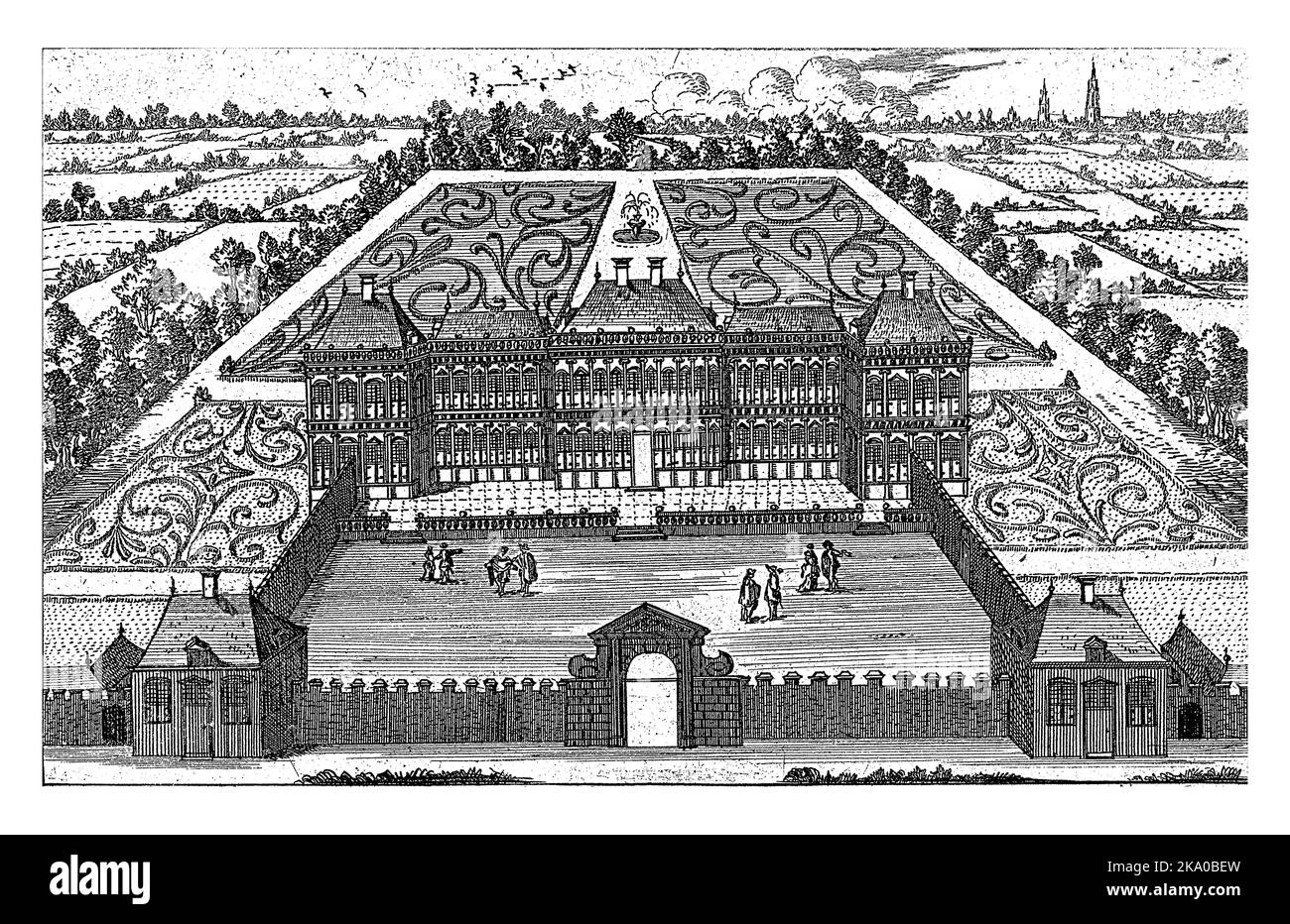 Bird's eye view of Huis ter Nieuburch with surrounding symmetrical gardens. Eight people are in front of the house, behind the gate. Stock Photo