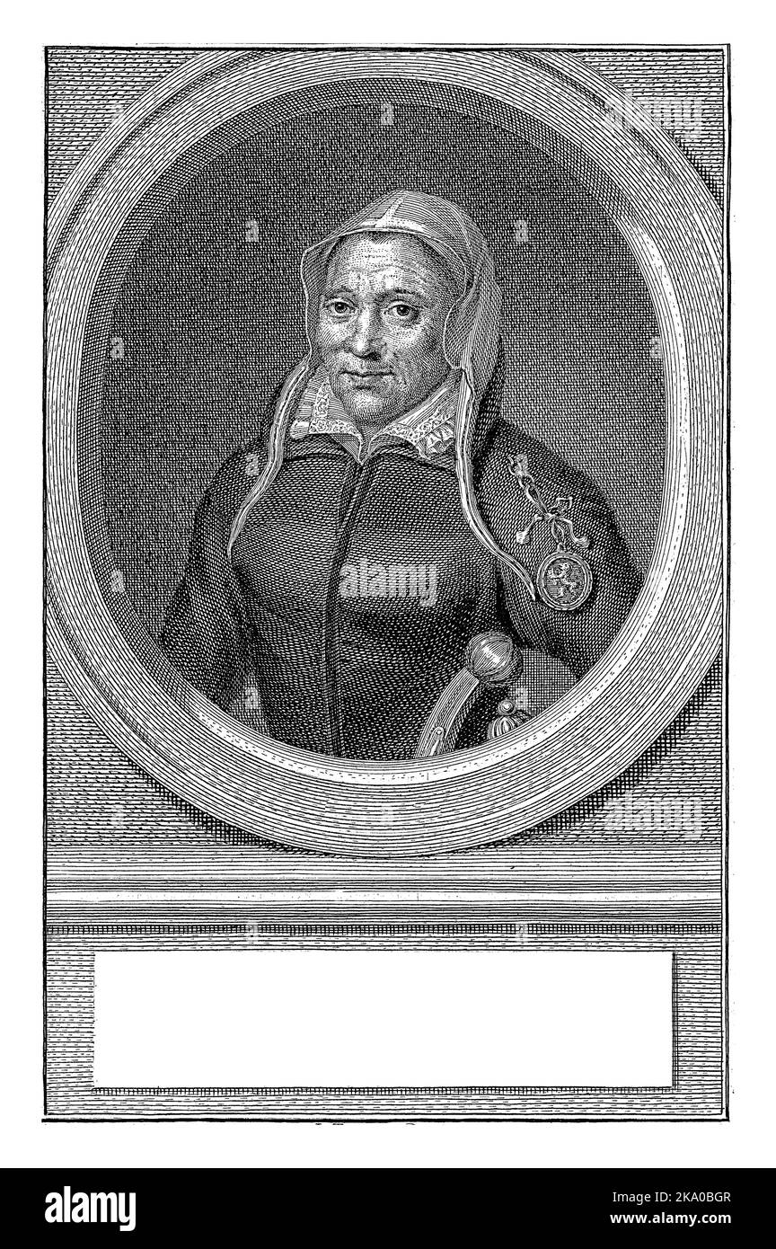Portrait of Kenau Simonsdatter Hasselaer at the age of 47 in an oval. On her left arm she has a medallion with the Dutch Lion. Stock Photo