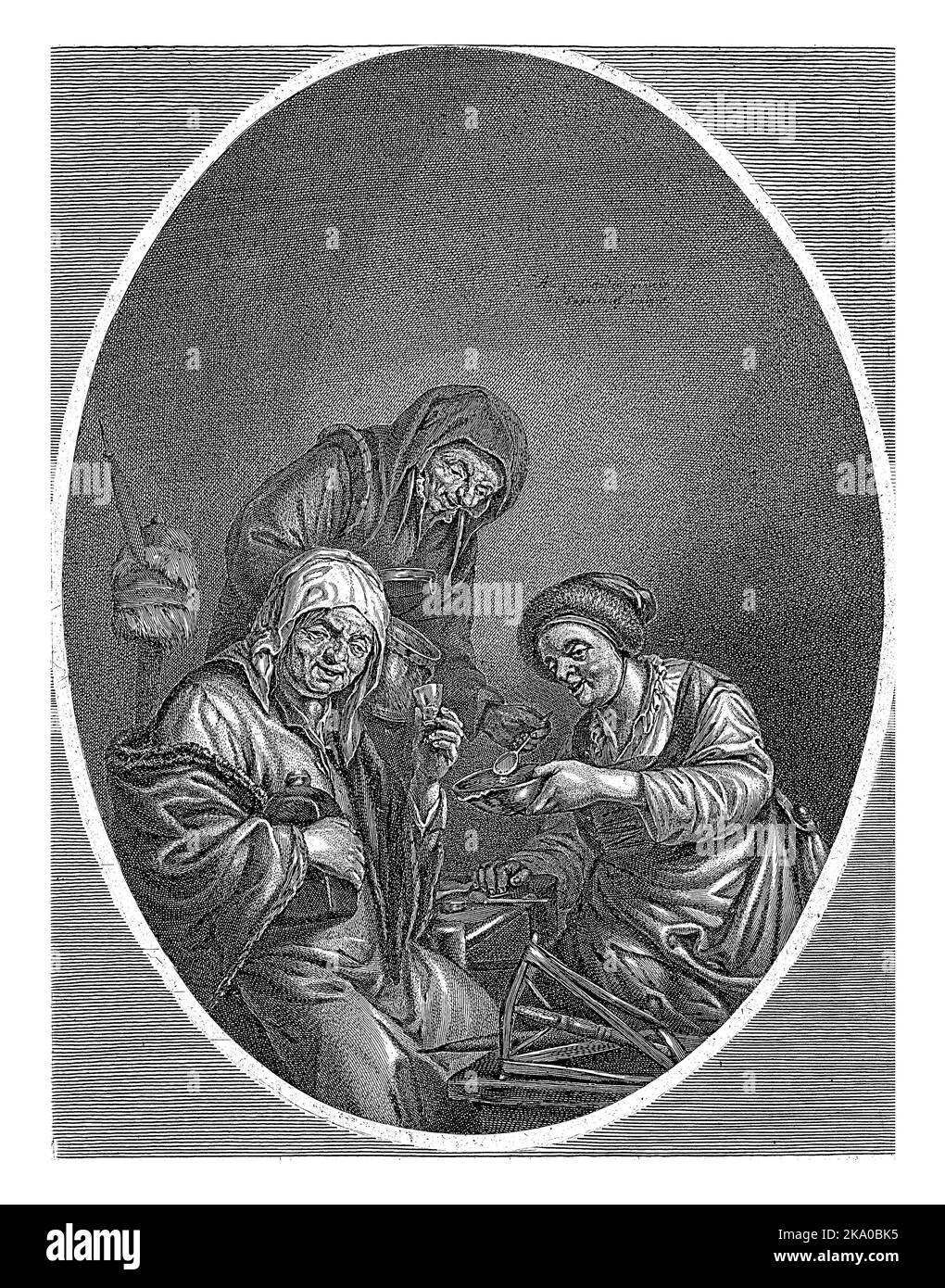 Three Old Women, Jonas Suyderhoef, after Adriaen van Ostade, c. 1623 - 1686 Three old women together. The woman on the left raises a glass, clutching Stock Photo