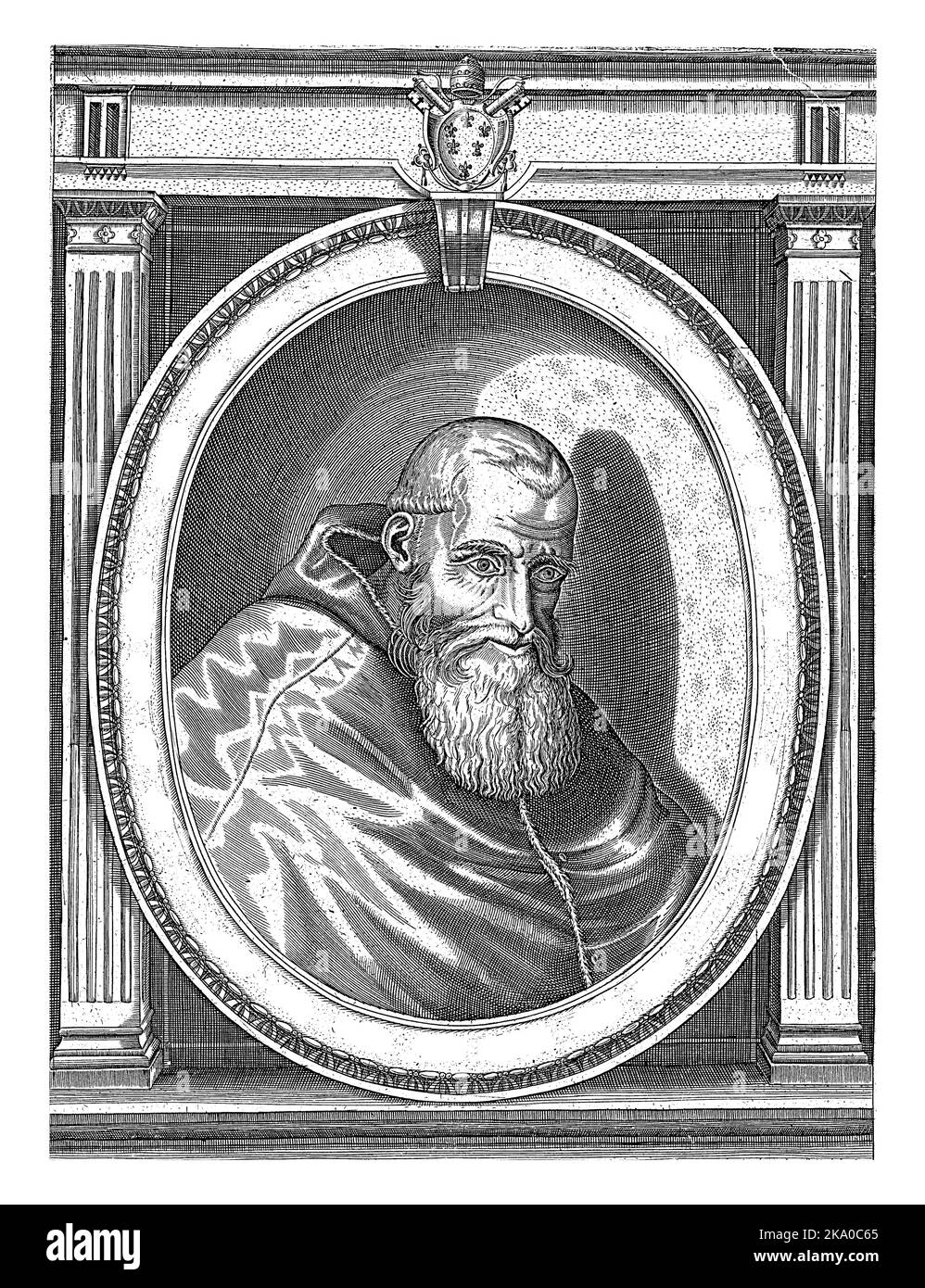 Portrait of Pope Paul III dressed in the papal robes. Bust to the right in an oval frame with edge lettering. His papal coat of arms is depicted above Stock Photo