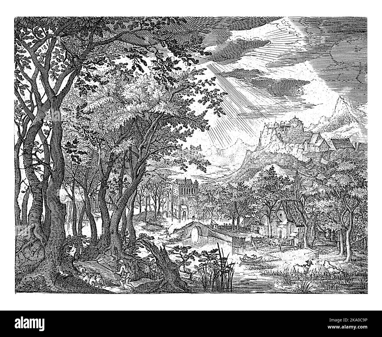 On the left a shepherd with his flock. To the right two cows on the