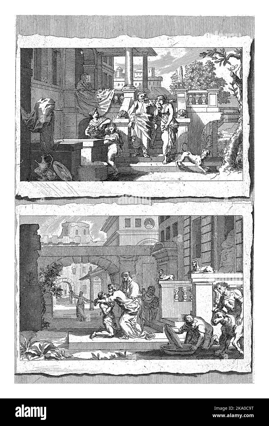 Expulsion of Hagar and Ishmael and the Return of the Prodigal Son, Pieter van den Berge, after Gerard de Lairesse, 1694 - 1737 A print with two scenes Stock Photo