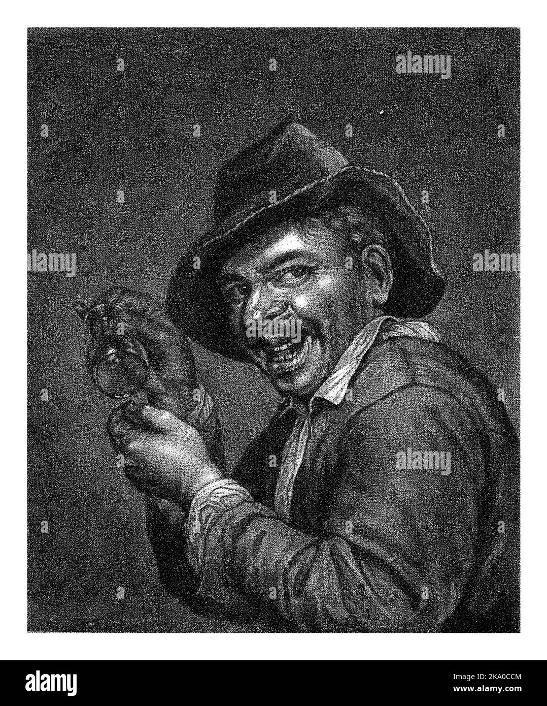 The sense of taste. A man with a hat on his head has an empty glass in his hands. The print is part of a series with the five senses. Stock Photo