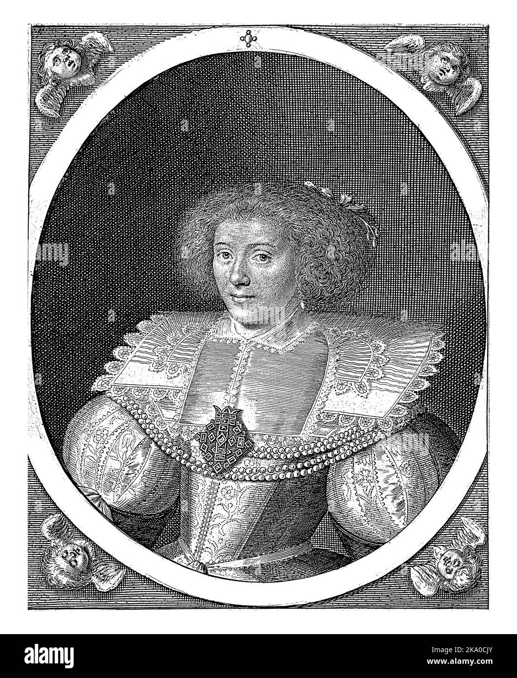 Portrait of Amalia in an oval with edge lettering. A cherub in the four