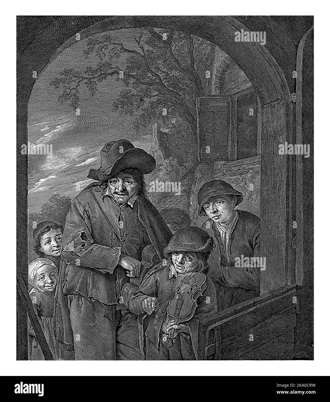 A beggar's family makes music at a doorway. A boy plays the violin and a man in torn clothes plays his hurdy-gurdy. Stock Photo
