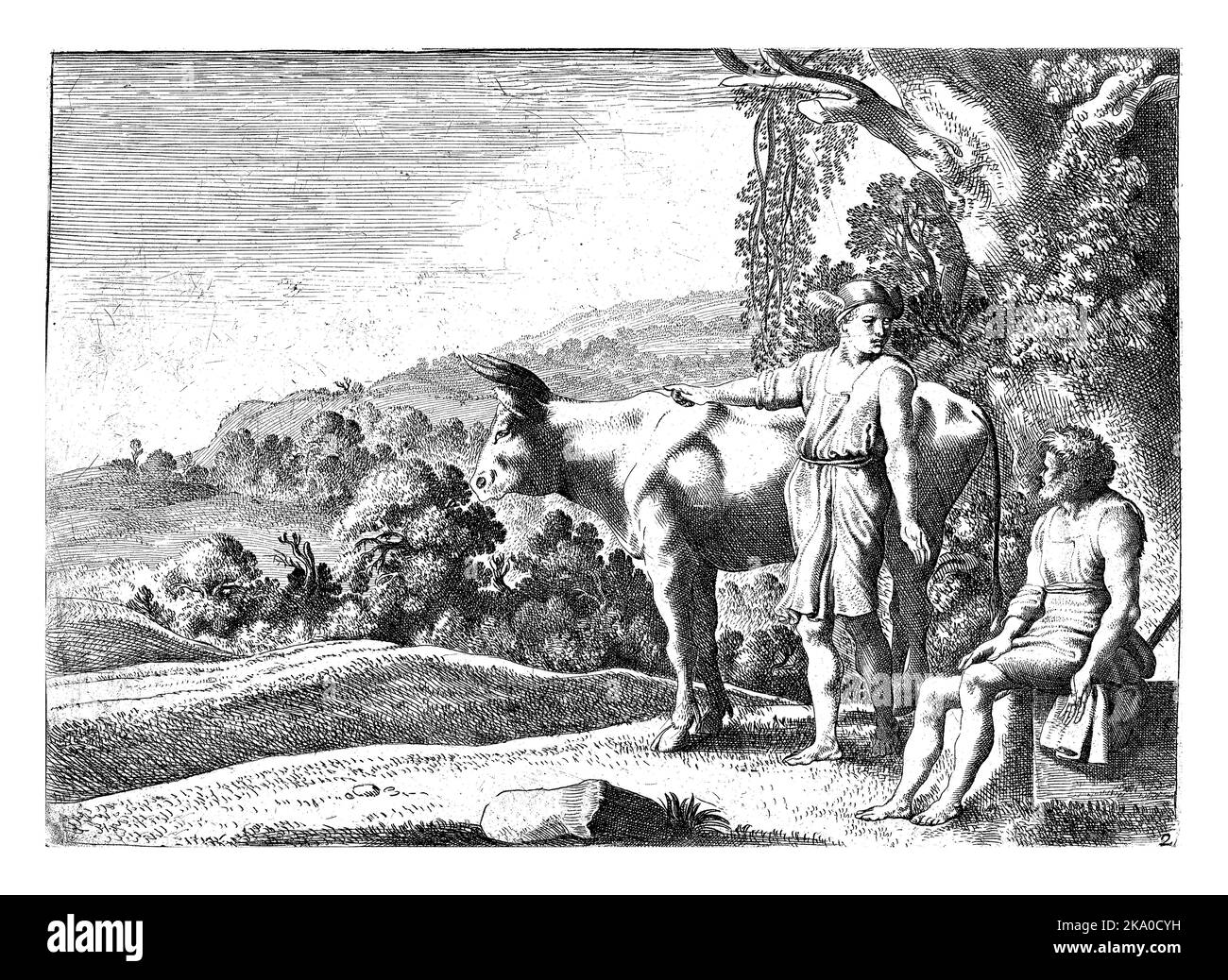 Mercury points to the cow Io and looks at Argus, who is sitting on a ...