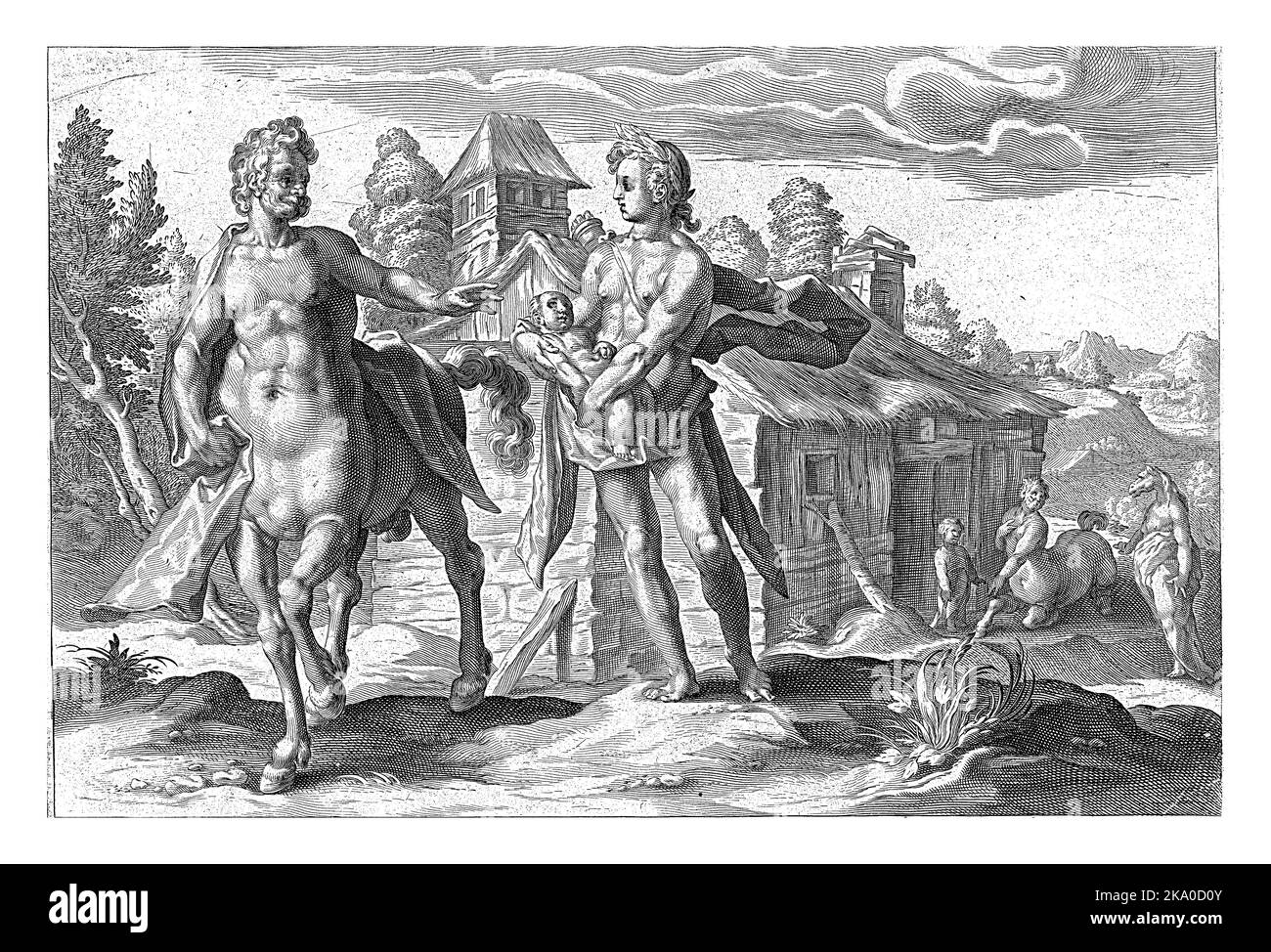 Apollo gives his child Asclepius, which he cut from Coronis' belly after shooting her, to the centaur Chiron. Stock Photo
