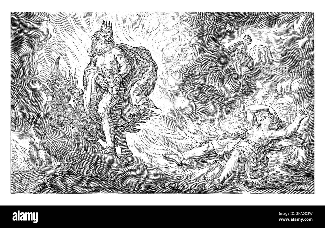 Jupiter with crown on his head and next to him his attribute the eagle, runs away from Bacchus' mother Semele, who is consumed by Jupiter's lightning. Stock Photo