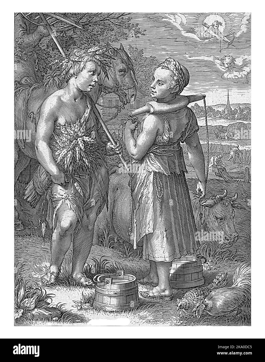 Meeting between a milkmaid and a farm boy in a landscape. The girl stands with a yoke on her shoulders, the boy carries ears of corn in her hair. Stock Photo