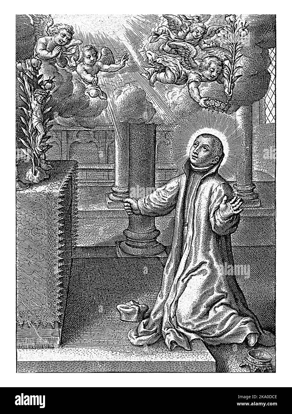 Aloysius Gonzaga kneeling before an altar, Antonie Wierix (II), 1565