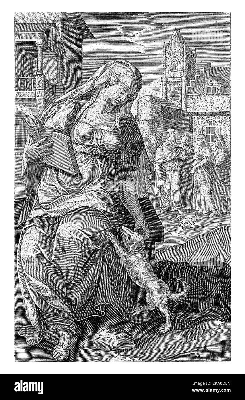 In the foreground is the Canaanite woman. She reads from a book and plays with a dog. In the background, the Canaanite woman asks Christ to heal her d Stock Photo