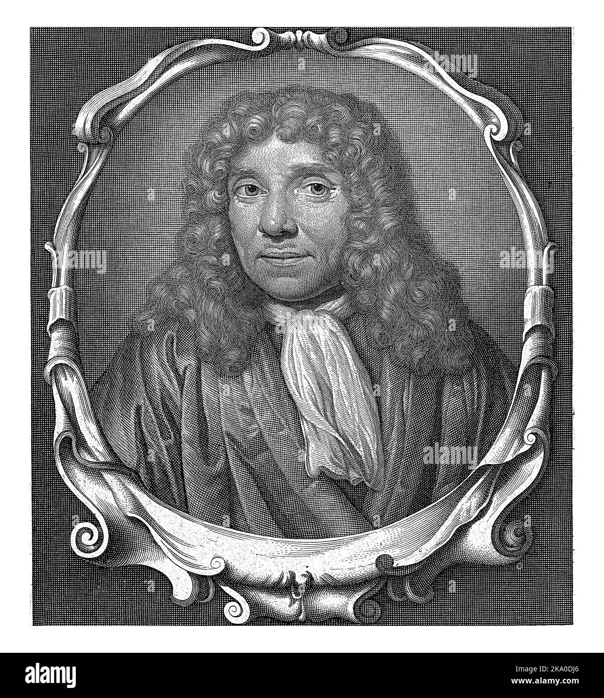 Portrait of Antonie van Leeuwenhoek, Abraham de Blois, after Jan Verkolje (I), 1679 - 1717 Portrait of Antonie van Leeuwenhoek, bust in oval frame wit Stock Photo