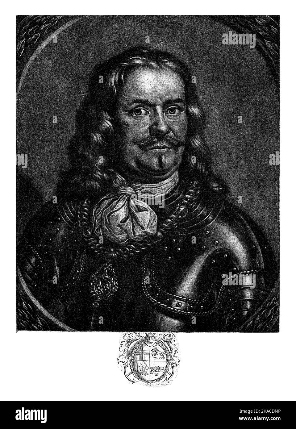 Admiral Michiel Adriaansz. de Ruyter in a suit of armor with a chain around his neck with a medallion. In the margin are name, titles and family crest Stock Photo