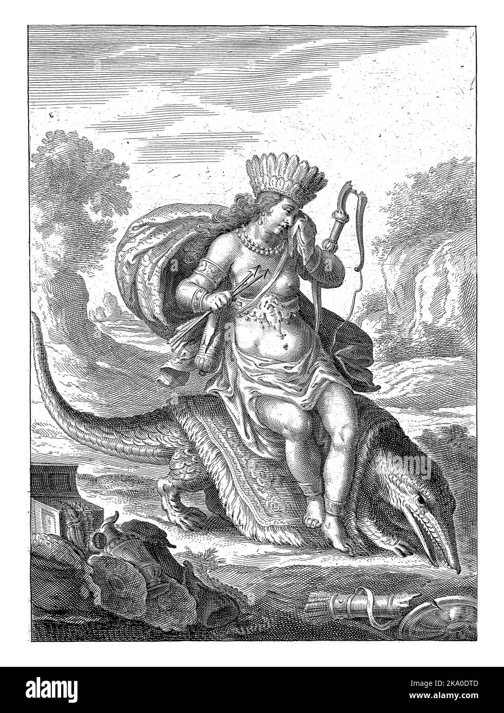 Female personification of America as woman with feather headdress and bow and arrow sitting on caiman or crocodile. Stock Photo
