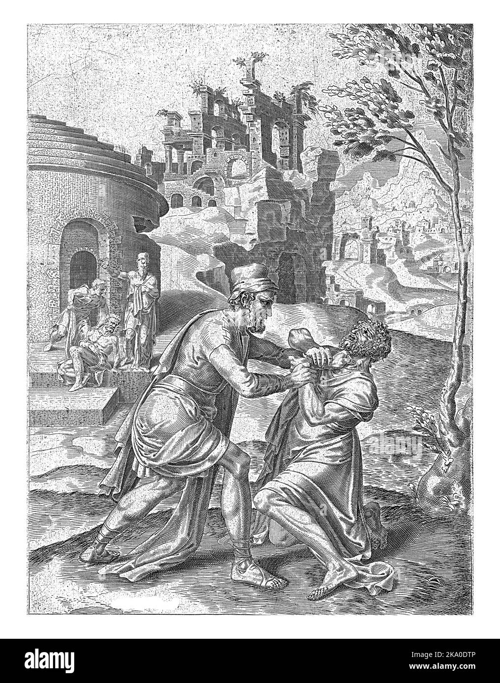 Fight between the ungrateful servant and a debtor, Dirck Volckertsz. Coornhert, after Maarten van Heemskerck, 1554 - 1612 The ungrateful servant attac Stock Photo