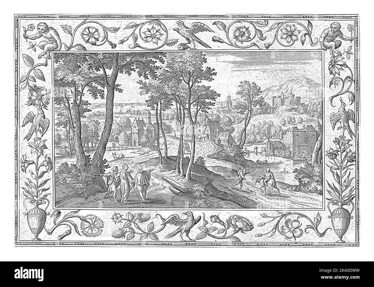 Landscape with a road. On the road two apostles on a journey to Emmaus. They are accompanied by Christ, dressed as a pilgrim. The print has an ornamen Stock Photo