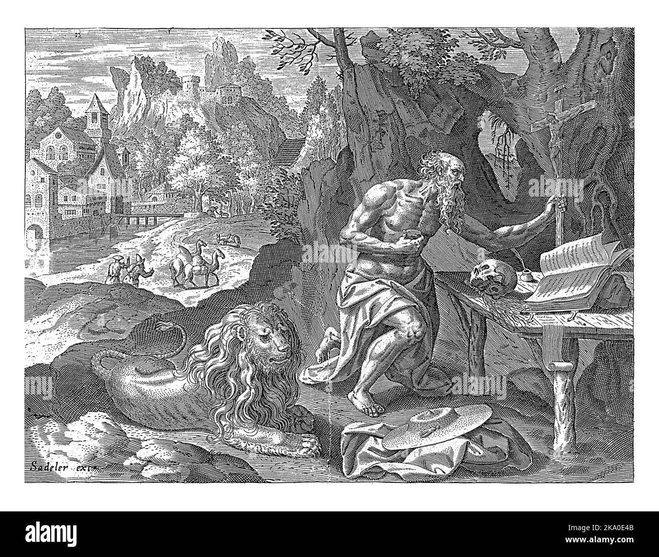 St. Jerome as a hermit in the wilderness. He is kneeling in prayer
