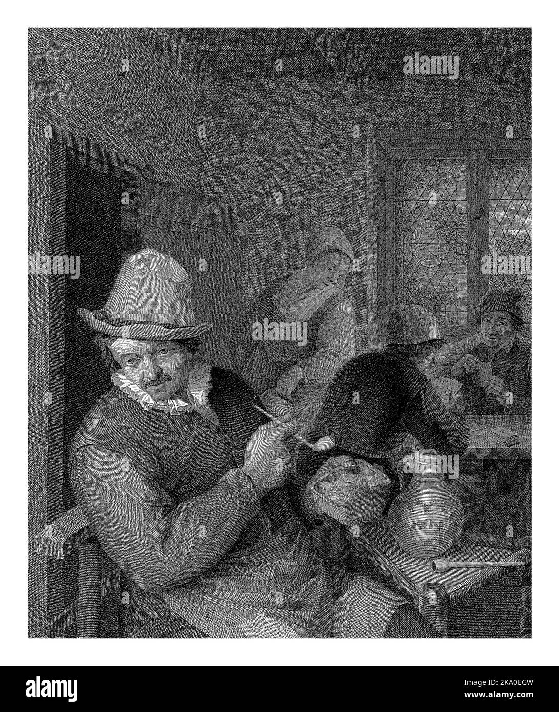 A man with a pipe in his hand holds a tobacco jar with his other hand. He sits in a pub at a small triangular table. There is a jug on the table and a Stock Photo