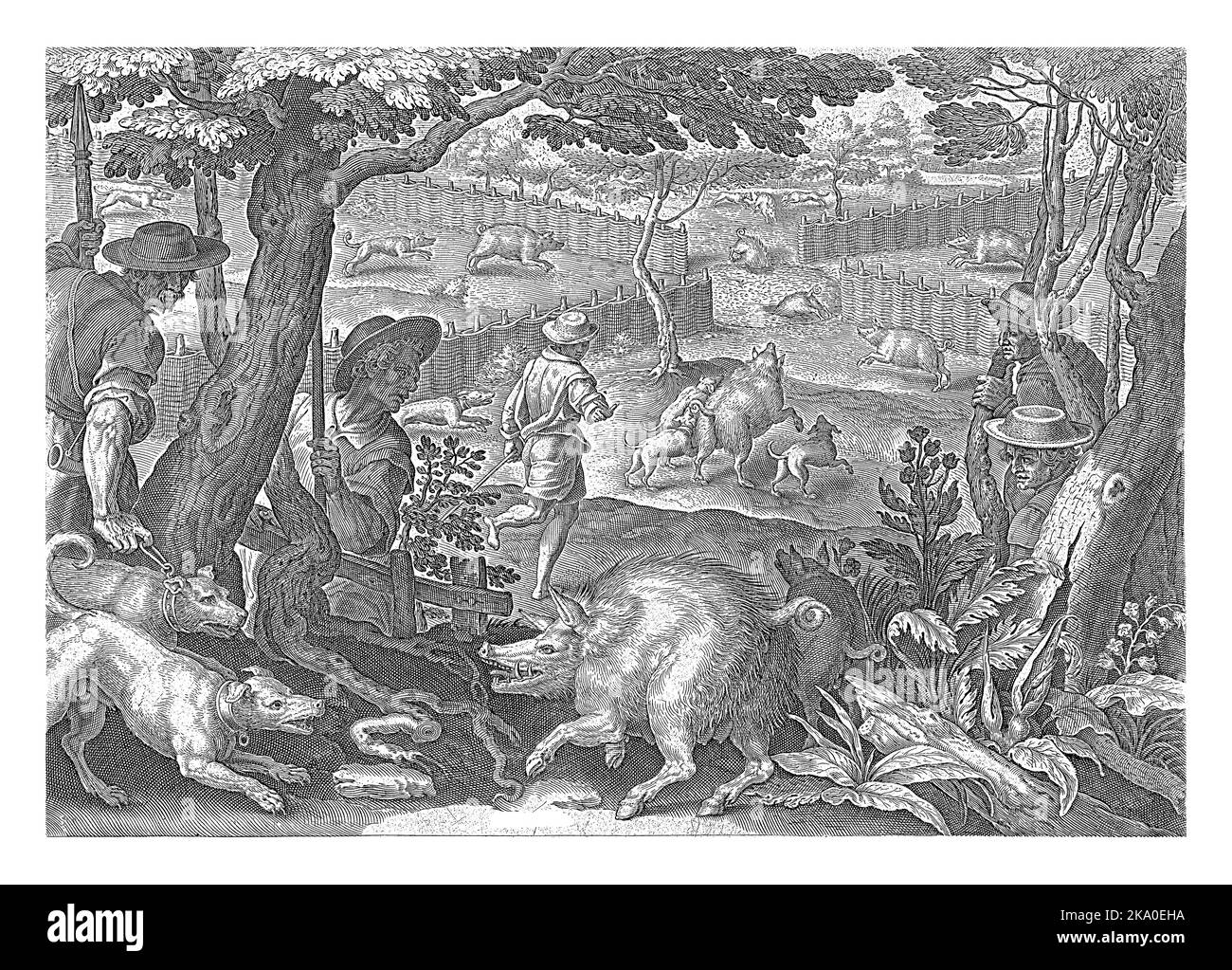 Boars are driven to a well by dogs. With 2 lines of caption in Latin
