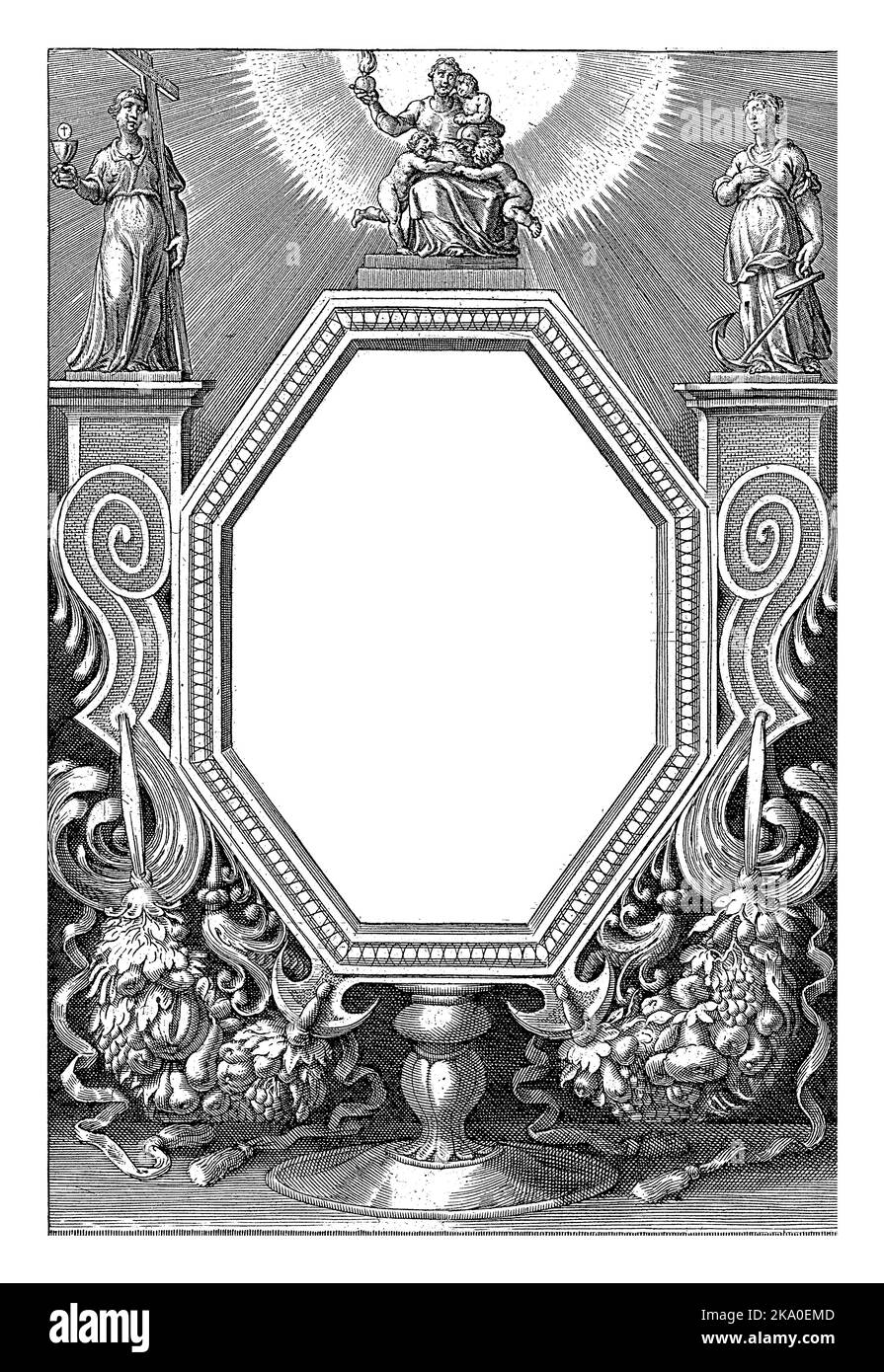 Title print for Speculum Illustratum Virginum, Theodoor Galle, 1581 - 1633 A mirror with garlands at the bottom and the personifications Faith, Hope a Stock Photo