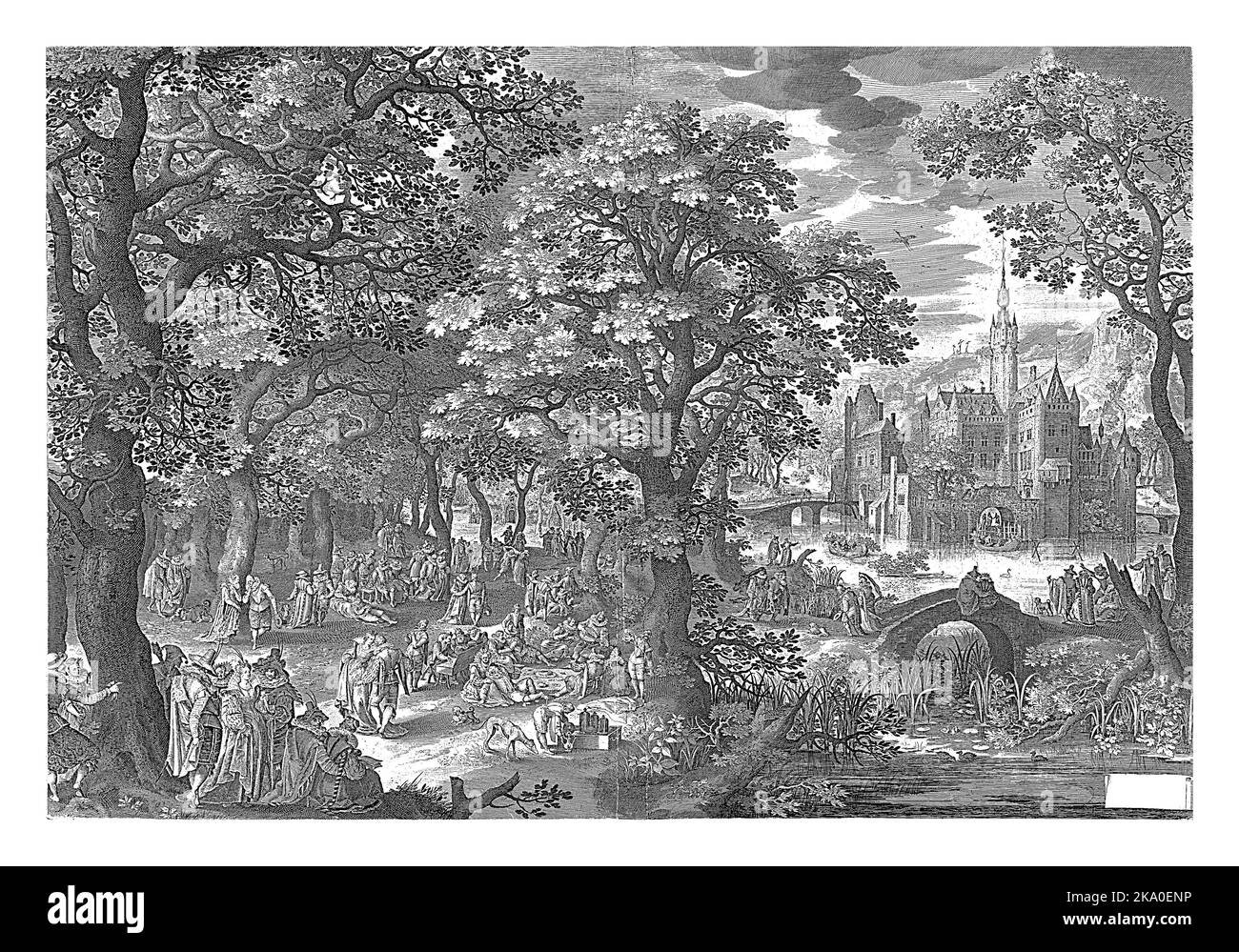 A feast of elegant company on the edge of a forest. They eat, drink