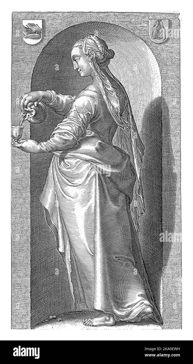 Female figure pouring water from a pitcher into a glass, standing in a niche, as a personification of temperance. Stock Photo
