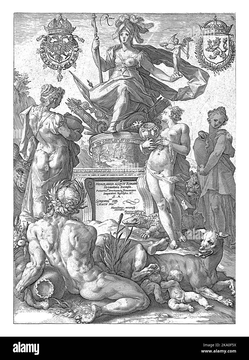 The goddess Rome ('Roma'), seated on a seat of weapons on a pedestal ...