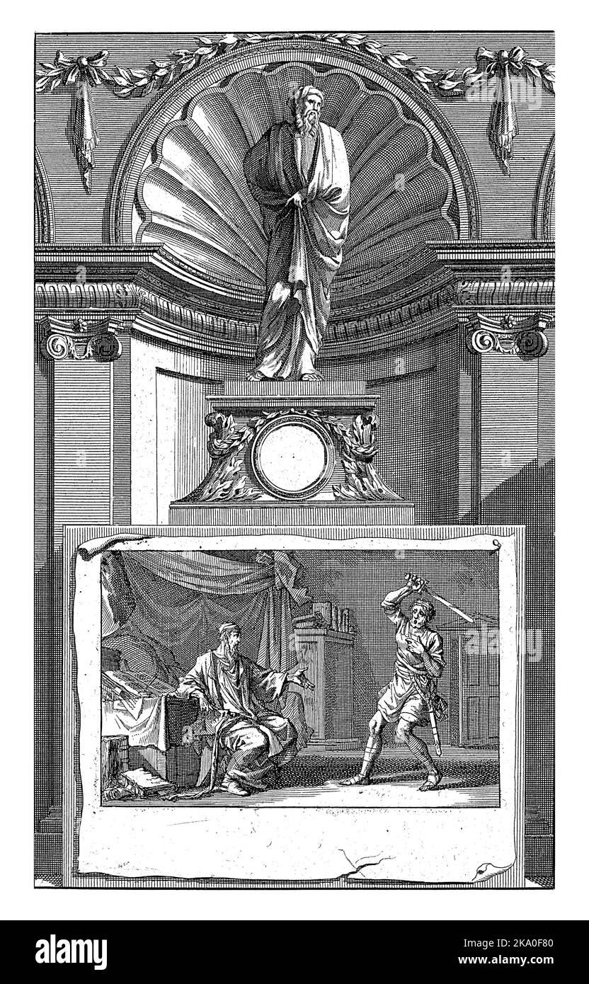 St. Ambrose of Milan, Church Father, Jan Luyken, after Jan Goeree, 1698 The Holy Church Father Ambrose of Milan, standing on a pedestal. Stock Photo