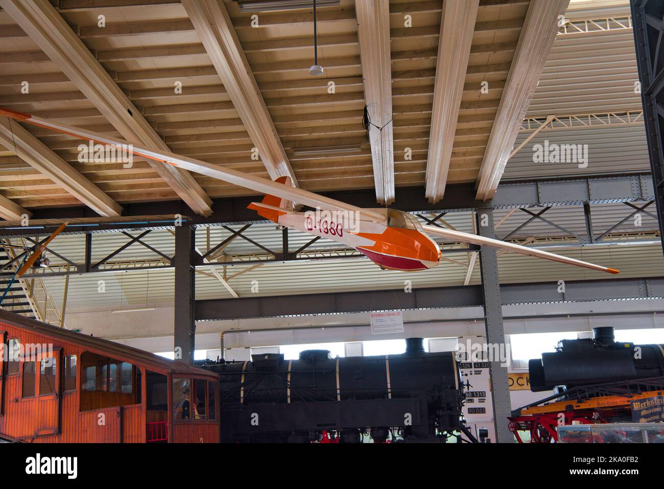 SPEYER, GERMANY - OCTOBER 2022: white orange Scheibe L-Spatz 55 glider in the Technikmuseum Speyer. Stock Photo