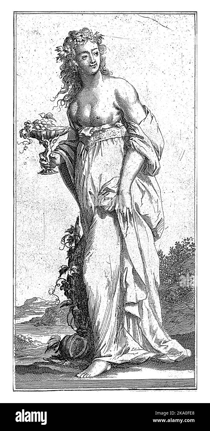A female figure as the personification of friendship, holding a bowl of grapes in her hand. A pumpkin on the floor at her foot. Print from a series of Stock Photo