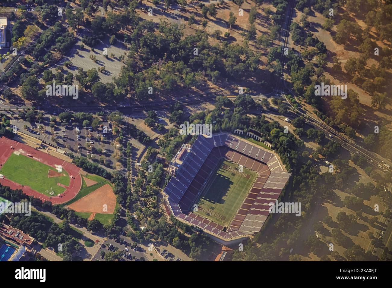 Aerial view over the Stanford University Stadium and sports complex
