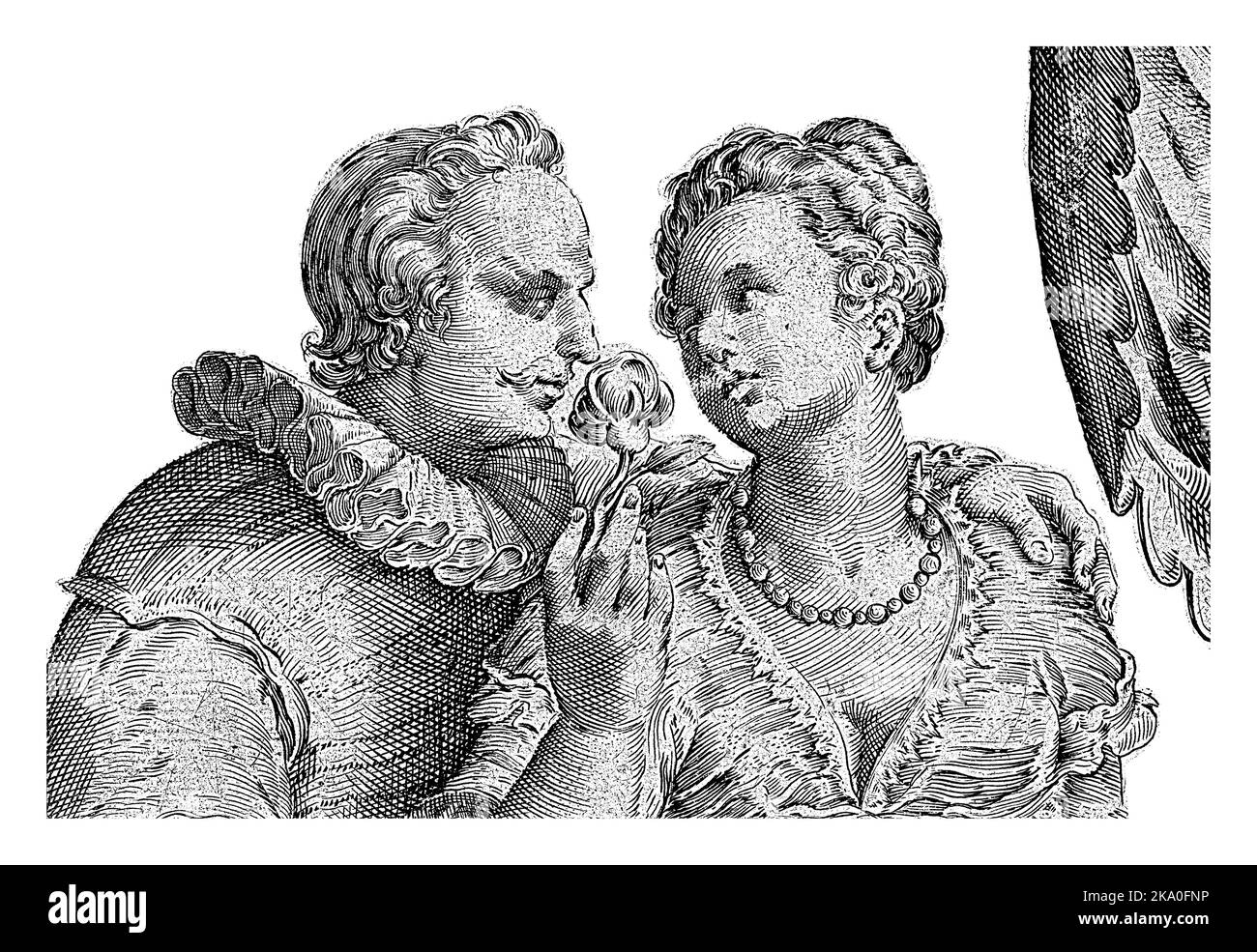 The feminine personification of the Smell makes the man accompanying her smell a flower Stock Photo