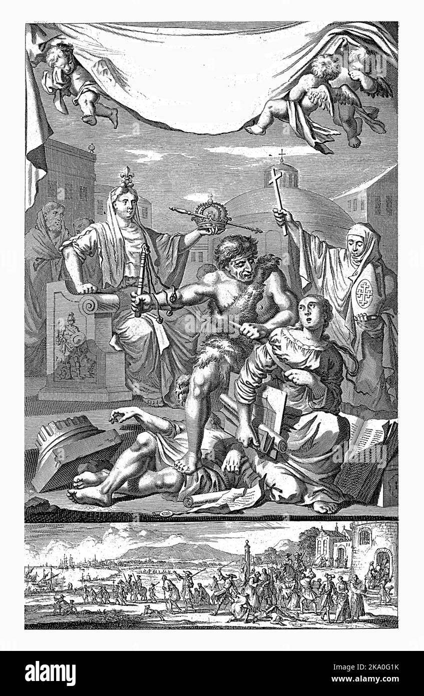Gallia and the French Catholic Church behold the Reformed Church being scourged, Adriaen Haelwegh, after Jan Luyken, 1696 Two representations of one p Stock Photo