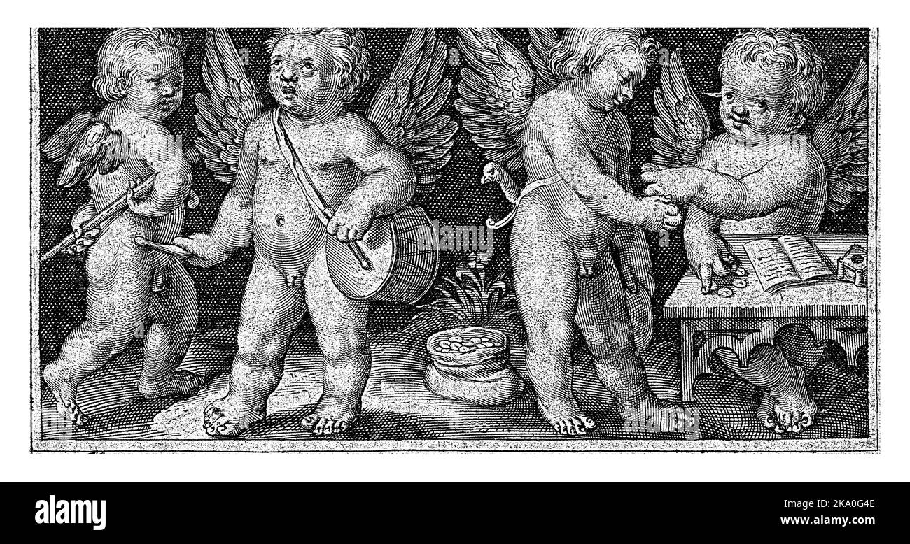 Two little angels counting money and two little angels with rubbish and flute, Nicolaes de Bruyn, 1594 Stock Photo