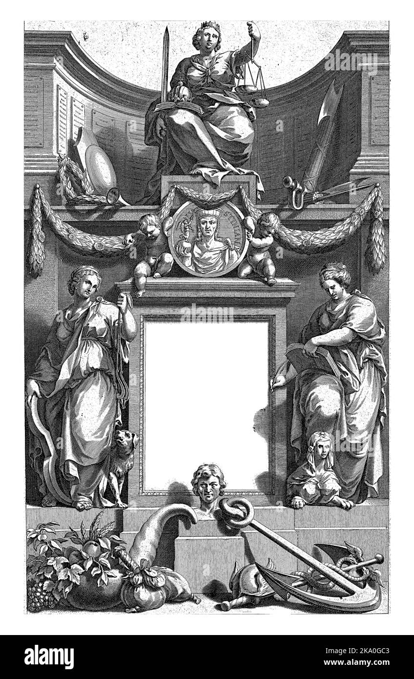 Justice enthroned above portrait of Justinian on plinth with title