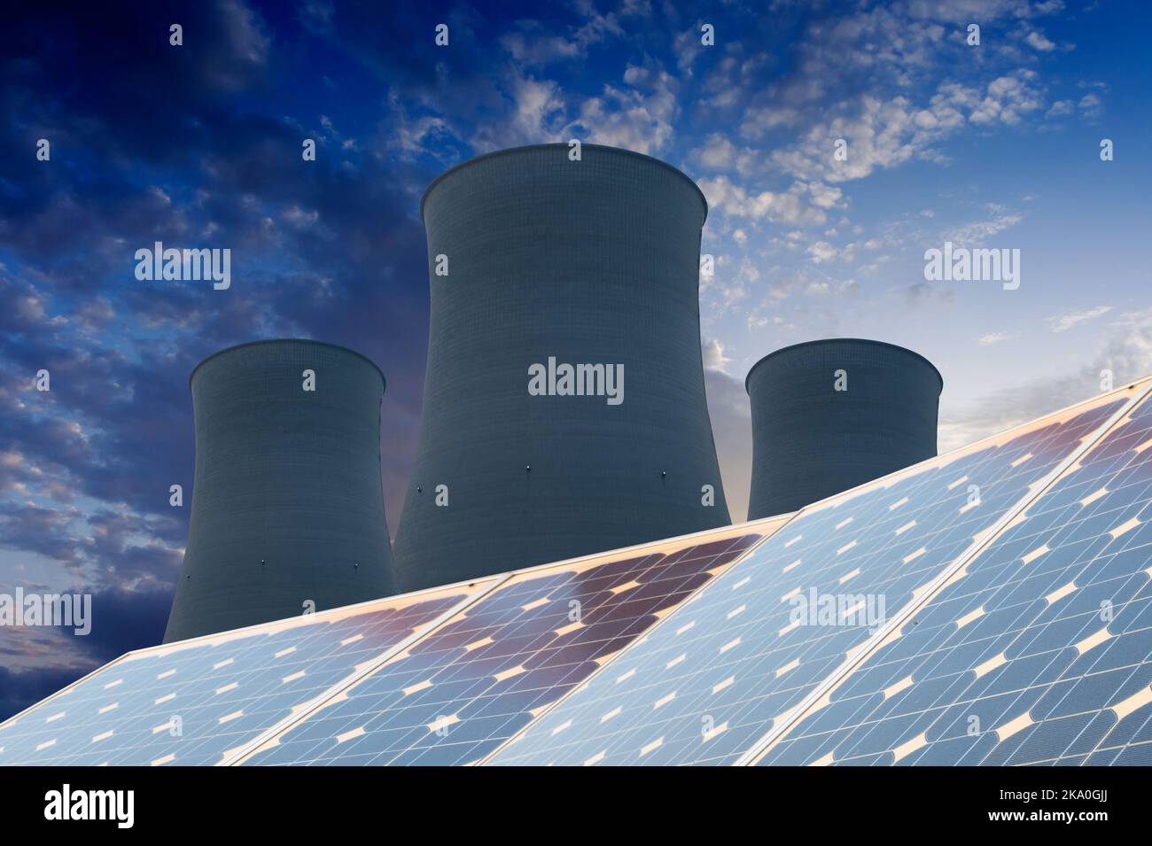 Solar energy panels before a nuclear power plant Stock Photo Alamy