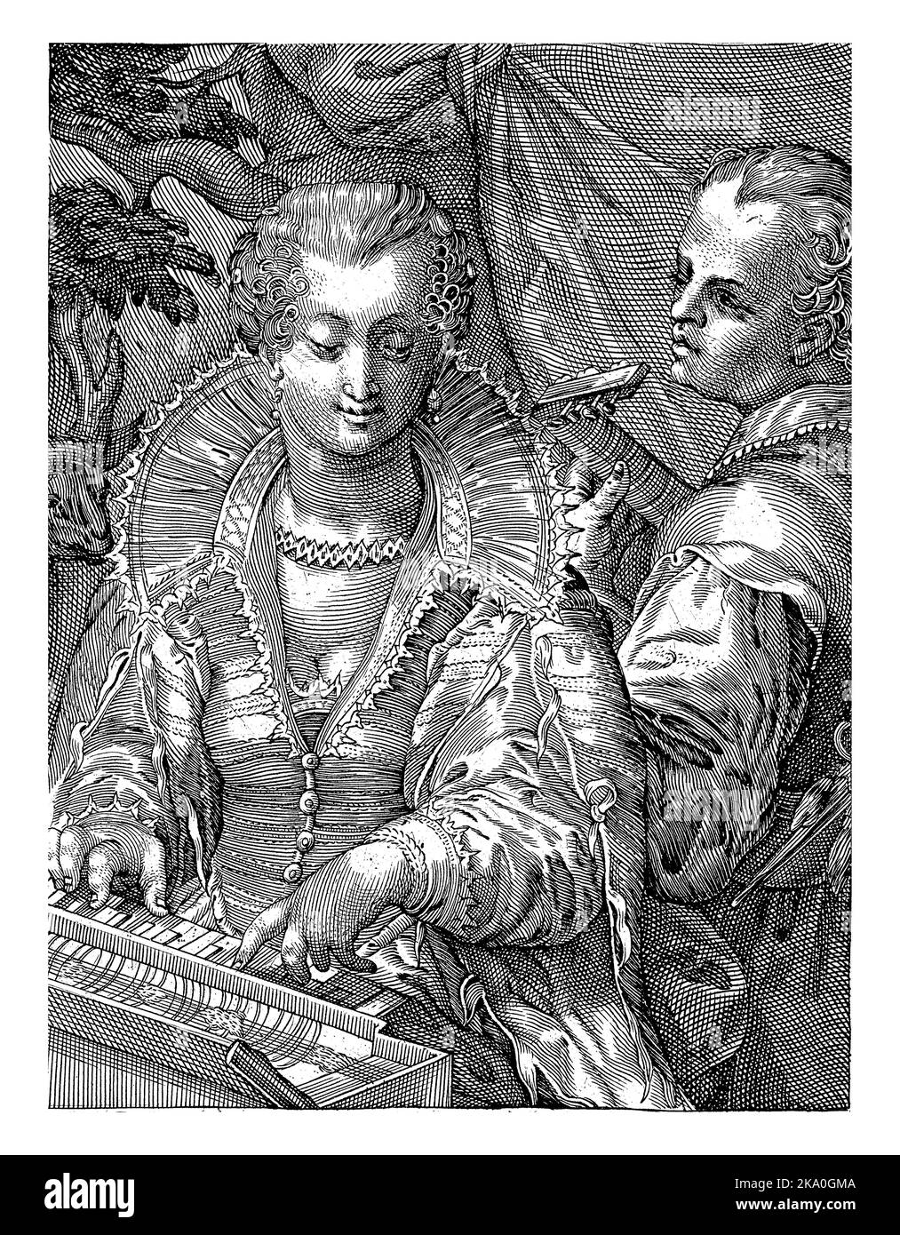 The female personification of the Hearing playing on a harpsichord. She is accompanied by a man who plays the lute. Stock Photo