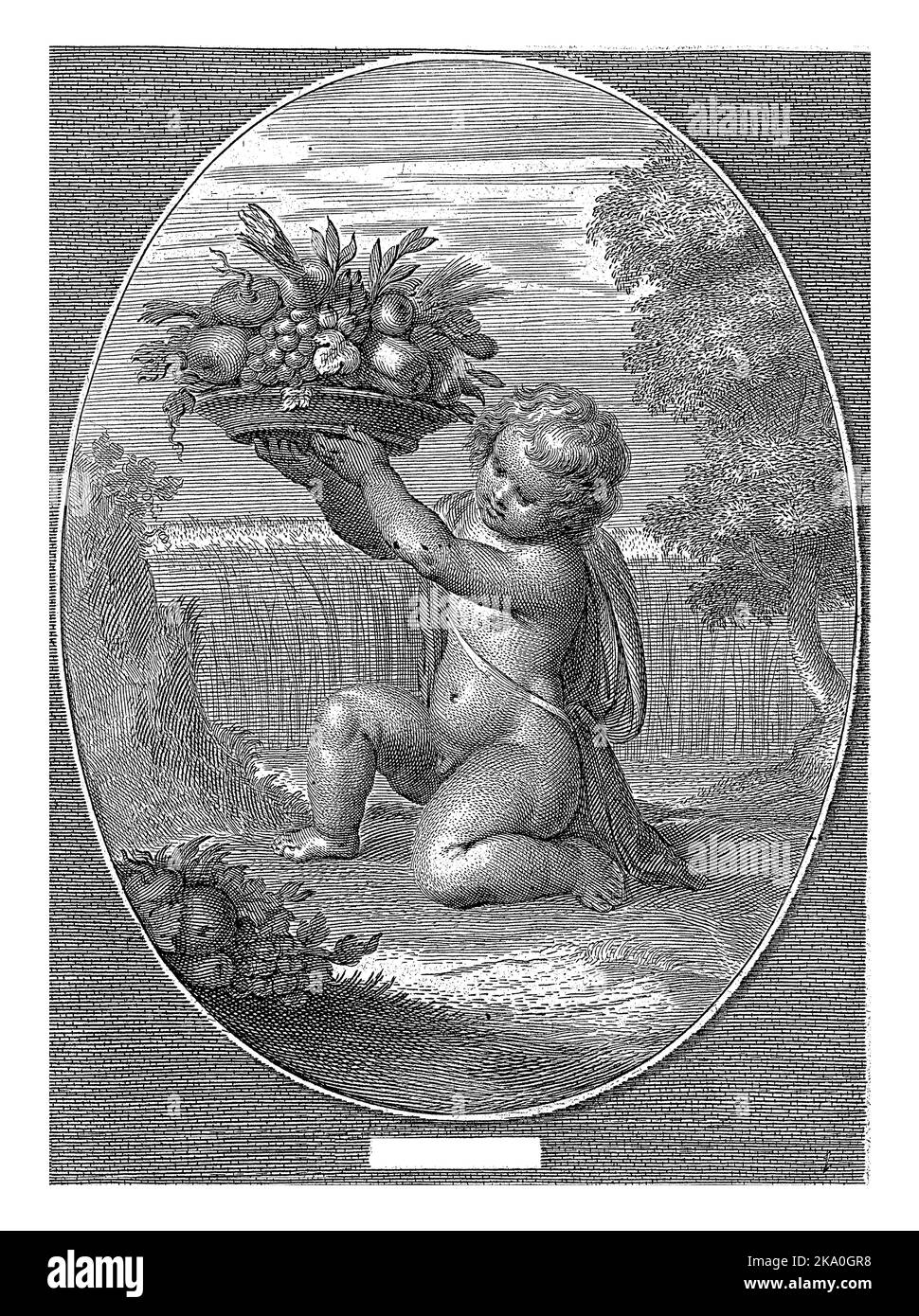 Earth element as a child with a bowl of fruit and vegetables for a cornfield in an oval Stock Photo