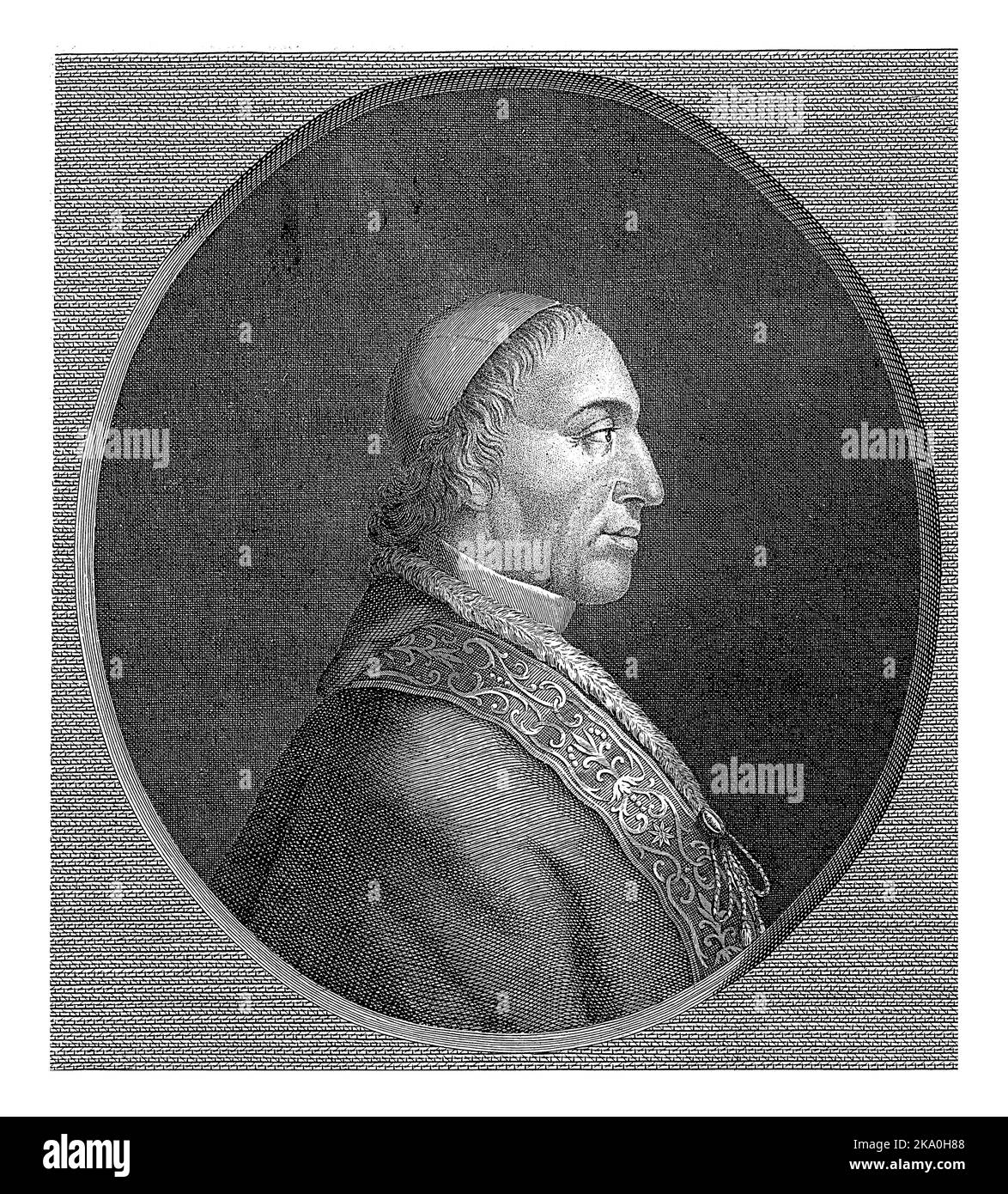 Pope Pius VII, clad in his papal robes, skullcap on the head. Bust in profile to the right in oval. Under the title one line of text and a four-line v Stock Photo